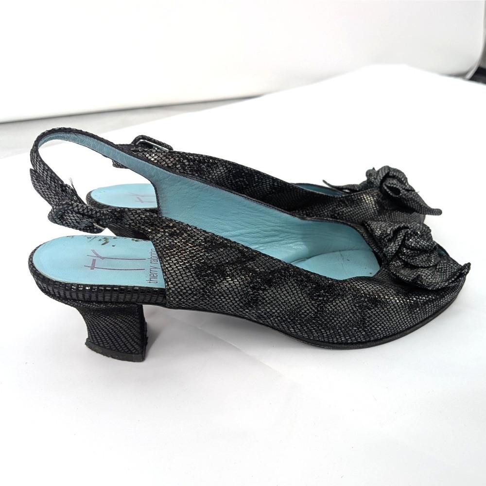 Thierry Rabotin Peep Toe Slingback Heels Black Textured Leather Bow Pumps Sz 8.5 - Picture 2 of 13
